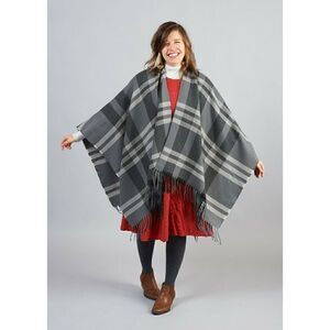 Causebox Siizu Gray Plaid Fringe Trim Poncho